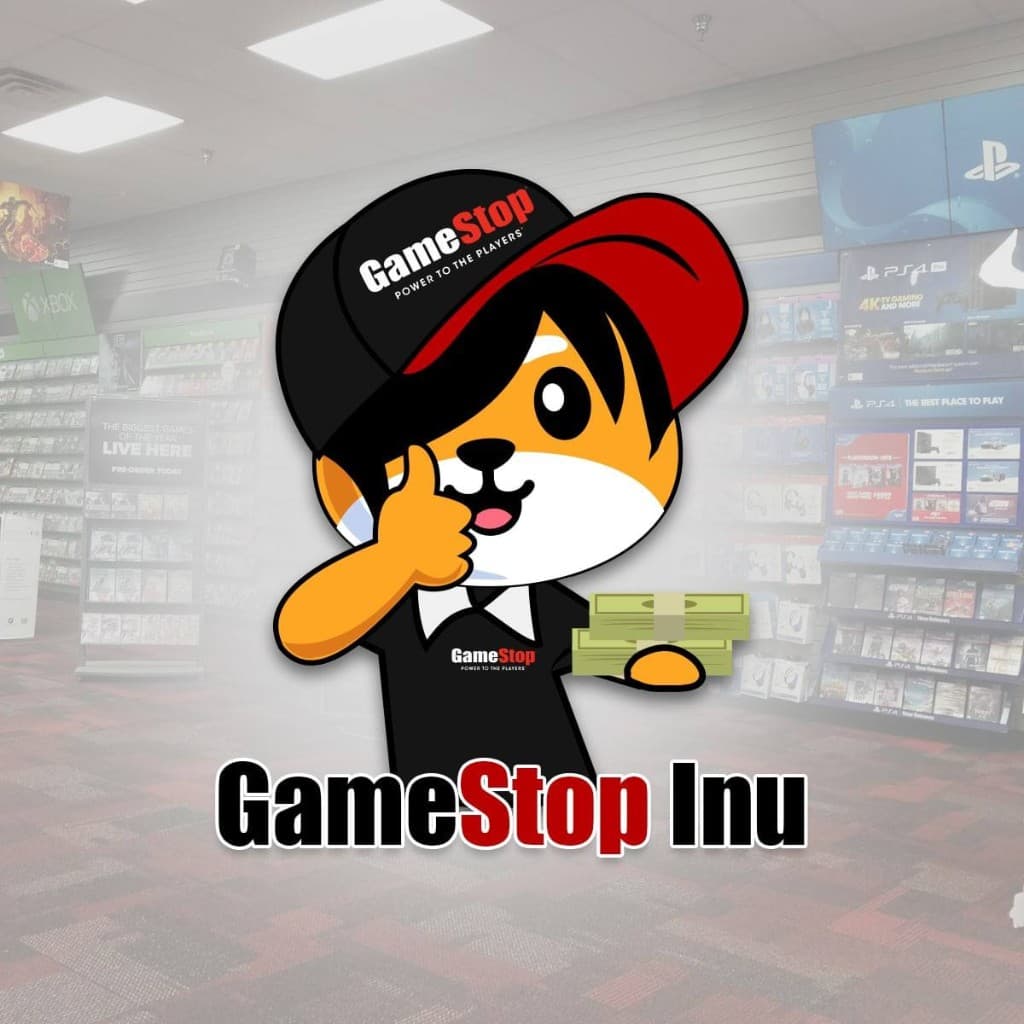 GameStop Inu mascot in store, thumbs up, holding cash